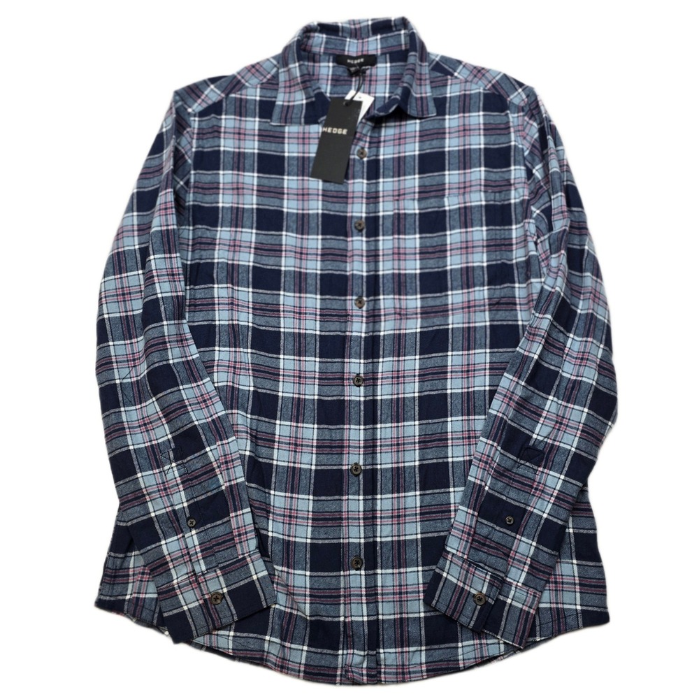 HEDGE Flannel Shirt Mens Large Blue Plaid Long‎ Sleeve Button Up NEW